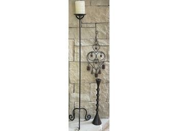 Beautiful Metal Candle Holder, Tall Black Metal Candle Holder, And A Small Hanging Wind Chime.