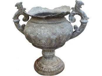 In The Style Of Old Westbury Garden Urn With A Leaf Motif And A Decorative Circular Base