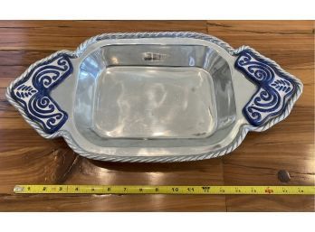 Metal Serving Tray With Lovely Blue Design On The Handles