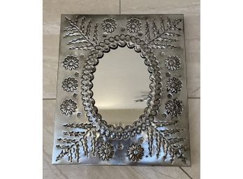 Flower-carved Metallic Frame Enhances Oval Mirror, 13 X 15