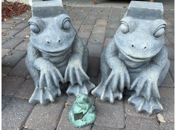 Pair Of Hollow Frog Statues, Plus Small Green Frog Statue