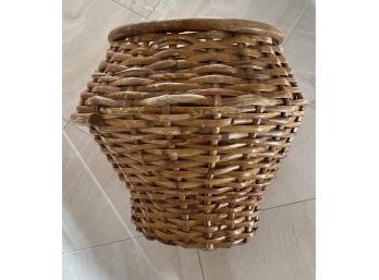 Vintage Large Urn Shape Wicker Basket, Side Wood Handle, 18 X 20