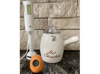 Adorable Ceramic Hot Chocolate Maker, Braun Immersion Blender, And A Brookestone Egg Shaped Timer.