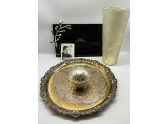 Silver Plate Serving Platter, Cheese Tray And Vase
