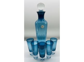 Gorgeous Mouth Blown Blue Crystal Decanter With 5 Matching Shooters