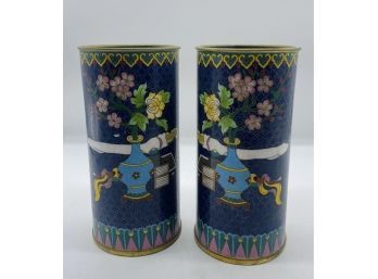 Pair Of Metal Vases With Oriental Art Collectible, Origin Unknown