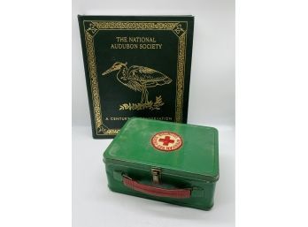 Hardcover Of The National Audubon Society Conservation Book, Plus A Vintage First Aid Box With Misc. Supplies