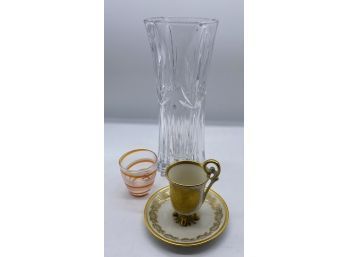 Tall Standing Glass Vase, Plus Hand Painted Tea Cup With Saucer, And Hand Made GUZZINI Glass Cup