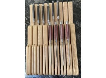 Wooden Knife Holder With Four International Cutlery Knives And Six Sabatier Steak Knives(made In France)