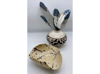 Two Gorgeous Southwestern Style Art Pieces. One Pot Has Handcrafted Metal Feathers.