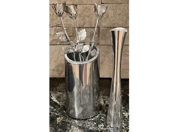 Nambe' Skinny Metal Studio Vase And Nambe'  Metal Cylinder Vase With Beautiful Metal Roses.