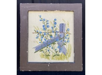 Embroidered Photo Of Blue Flowers In Thick Wooden Frame