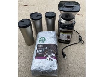 Coffee Lovers! Starbucks Coffee Beans, 3 To-Go Cups, And One Electric Coffee Bean Grinder