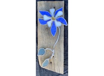 Wood Slab With Metal Flower Art-Flower Is Detached!