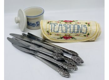 PFALTZGRAFF Container, Set Of Knives, And Embroidered TEASPOONS Cloth With Stainless Steel Silverware