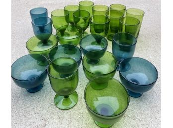 Large Collection Of Blue And Green Drinking Glasses