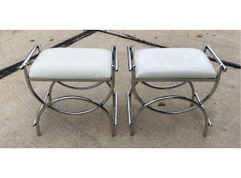 Pair Of White Leather Stools On Metal Stands