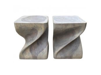 Gorgeous Pair Of Tree Stump Side Tables With Twist Design And Light Stain. Very Solid And Heavy!