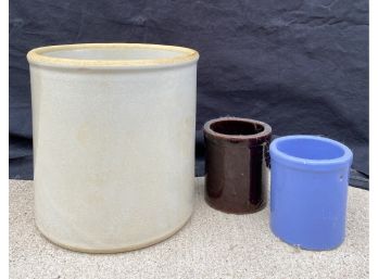 One Crock And Two Small Stoneware Containers