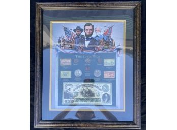 Framed Collection Of Stamps And Coins From The Civil War, Including Confederate Bank Note