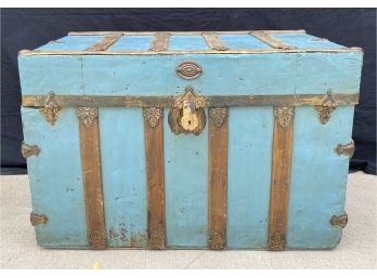 GORGEOUS Antique Trunk. Blue And Wooden Details With Fantastic Interior. Approximately 34x19x23 Inches