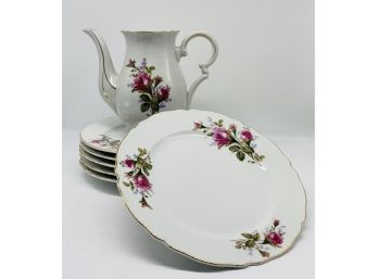 Lovely Set Of 6 Plates With Matching Teapot. Gorgeous Floral Design! Brand Unknown.