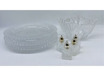 Three Gorgeous Beveled Glass Plates, Four Small Glass Salt Pepper Shakers, And CRYSTAL Bowl By SHANNON CRYSTAL