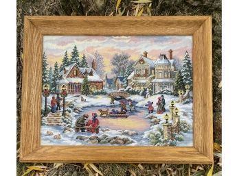 Embroidered Photo Of Winter Town In Wooden Frame