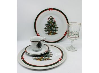 Lovely Set Of Christmas China! Porcelain Dishes With Holiday Design, Plus Set Of Wine Glasses-READ!