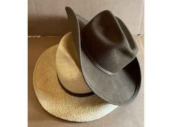 Straw Sun Hat And Brown Cowboy Hat, Labels Unknown