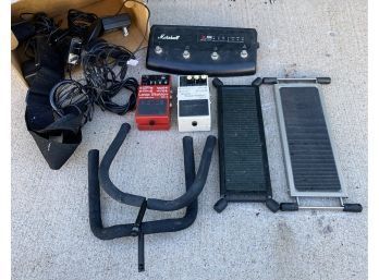 Box Of Miscellaneous Guitar Supplies. Loop Station, Noise Suppressor, Guitar Foot (2) And More!