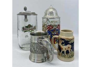 Collection Of 4 Beer Steins, Including A Metal Stein With Cool Elephant Design