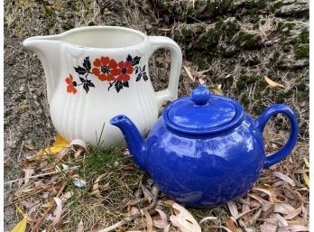 Hand Painted Pitcher By HALLS, Plus Lovely Blue Teapot