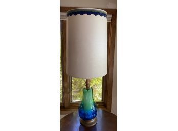 Mid Century Table Lamp With Green And Blue Glass Design, Tested And Working. Base Lights Up!