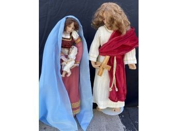 Porcelain Mary And Joseph Dolls Holding Baby Jesus. On Doll Stands! Approximately 16 Inches Tall