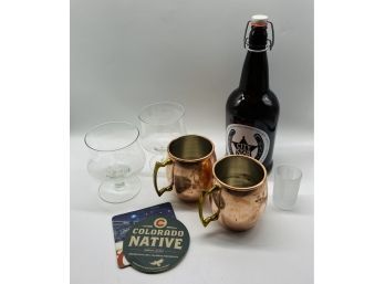 Collection Of Various Bar Accessories, Including Two Copper Mugs And Jar From City Star Brewing