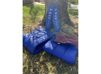 Coleman Sleeping Bags With Flannel Lining (2) And Two Mac Sports Foldable Chairs.
