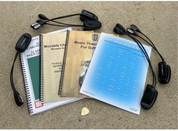 MUSIC LOVERS! Four Guitar Music Books, A Guitar Pick, And 5 Portable Lights With Clip