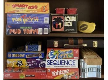 Large Collection Of Board Games, Including Yahtzee, Backgammon, Poker And More