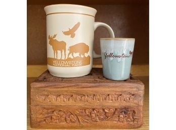 Cute Wooden Box With Nice Detail, Plus YELLOWSTONE Coffee Mug And Shot Glass