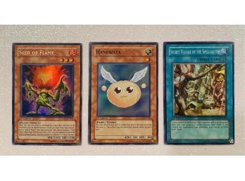 Yu-Gi-Oh! First Edition Trading Cards. Seed Of Flame, Hanewata, And Secret Village Of The Spellcasters.