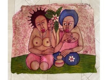 Hand Painted Tapestry Of Two Women And A Baby. Signed By MAJOE 90