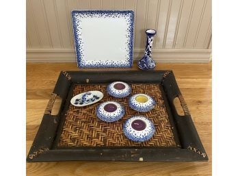 Blue And White Candle Votives With Matching Plate, Plus Decorative Tray And Miscellaneous Blue Pieces