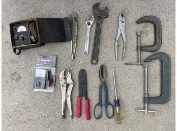 Assortment Of Tools. C-clamps, Wrenches, GB Instruments Multimeter And More.