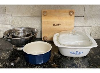 Corning Ware Dutch Oven, Stainless Steel Bowls And Collandar, Blue Bowl From WILLIAMS SONOMA, Cutting Board