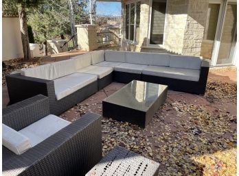 Outdoor Couch Seating Arrangement With Cocktail Table & Cushions - White Cushions Are Heavily Stained