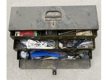 Vintage Toolbox With Three Compartments And Miscellaneous Tools Inside