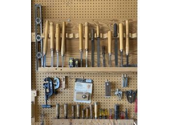 Tools! Wood Carving Tools, Two C Clamps, Leveler, And More. All Contents Pictured Included