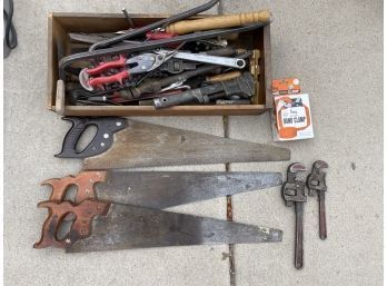 Variety Of Tools Including Hand Saws, Pony Band Clamp, Wrenches. And More!