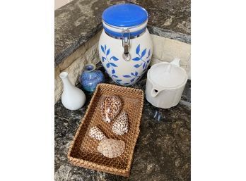 Eclectic Collection! Hand Made Vases, Pitcher, Cookie Jar, And Basket Of Shells